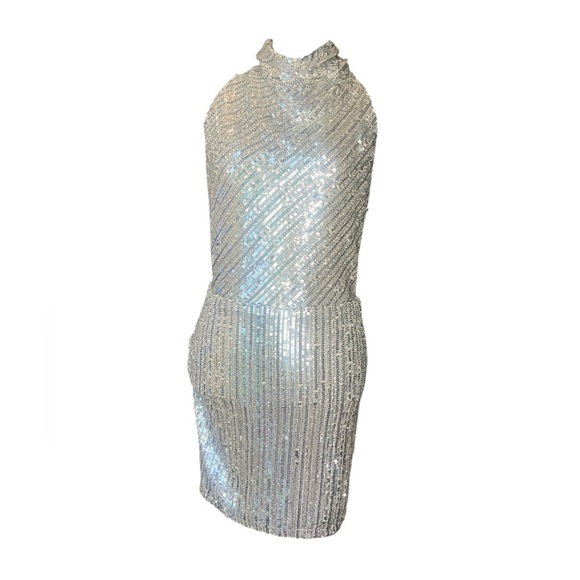 Lulus Glam Behavior Beige Silver Sequin Mock Neck Mini Dress Women’s M NWT - Picture 4 of 8